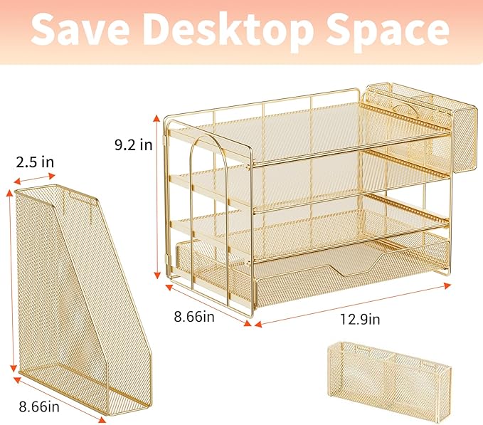 OPNICE Desk Organizers and Accessories, 4-Tier Office Desk Accessories & Workspace Organizers with Drawer and Pen Holder, Desktop Paper Tray File Organizer for Home Office Supplies, Gold