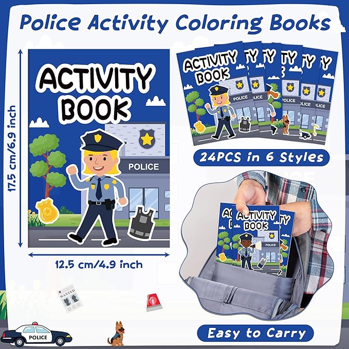JAPBOR Police Activity Coloring Books - 24PCS Mini Policemen Activities Color Book Bulk for Kids Party Favors, Police Themed Small Colouring Pages for Birthday Gifts Classroom Drawing Painting Games