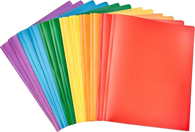 Amazon Basics Heavy Duty Plastic 2 Pocket Folder for Documents, Letter Size Paper, Assorted Colors, Pack of 144