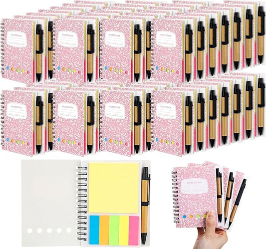 Dunzoom 24 Sets Spiral Notebook Bulk, Steno Pads Lined Notepad with Pen, Sticky Notes Colored Index Tabs, 5.2" x 4.1" Pocket Notebook for Home Business Office Supplies, 60 Sheets (Pink)