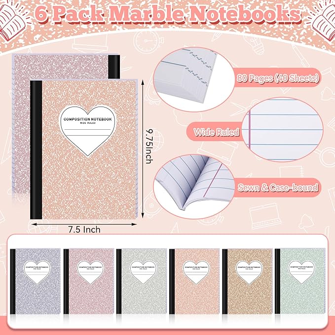 FOGWOWO 6 Pack Marble Composition Notebook Wide Ruled,Pastel Boho Composition Notebooks Bulk,Assorted Colors Back to School Marble Notebooks 80 Pages (40 Sheets) 9.75x7.5 Inches