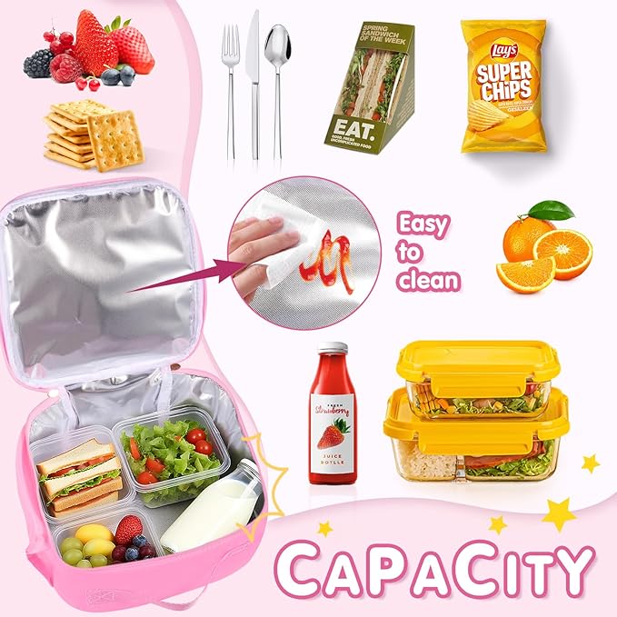 Nsrzua Lunch Bag Kids,Insulated Lunch Bag With Adjustable Shoulder Strap,Reusable Lunch Bag for Kids, Girls,Boys, lunch Bag Women,Preppy Lunch Box for School,Travel, Picnic (pink)