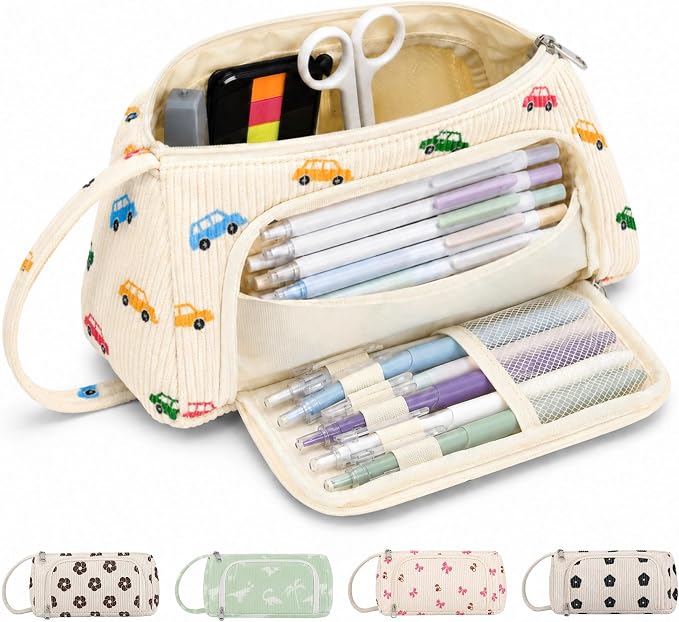 Big Capacity Pencil case,Soft Corduroy Pencil Bag with 3 Compartment Pouch Bag for School Supplies Office for Teen Girls Boys Women Man (Colorful Car)