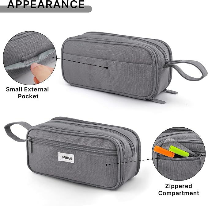 TOPBIDAI Large Pencil Case Pouch for Girls Boy Women Men Adults | Big Capacity Canvas Pencil Bag, Office School Supplies, Multi Compartment Zipper Stationery Pen Box(Stone Grey)
