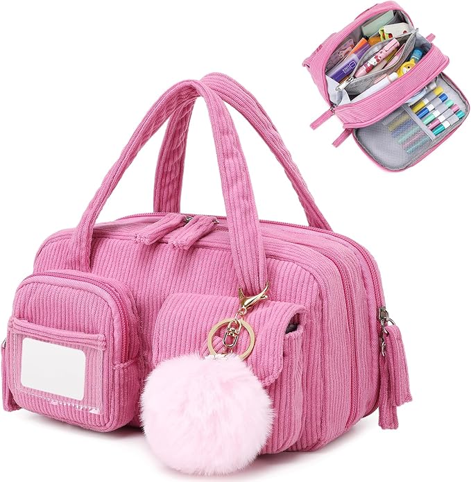 Pencil Case Corduroy Multiple Compartments Pouch Bag for Girl, Hot Pink