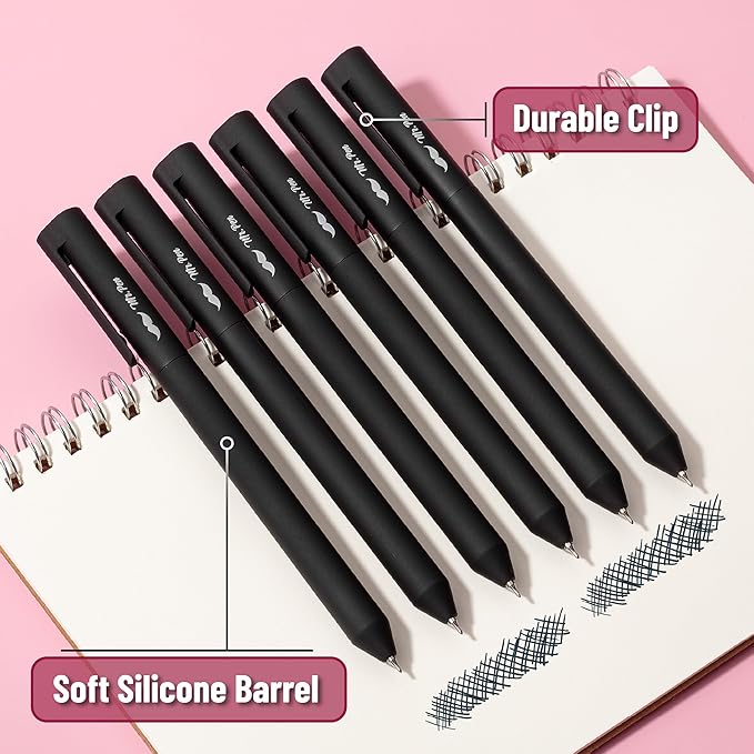 Mr. Pen- Retractable Gel Pens, 6 Pack, Black Ink, Black Barrels, Fine Point 0.5 mm, Fast Dry, Smooth Writing, Cute Pens for Drawing, Writing Planner and School Supplies