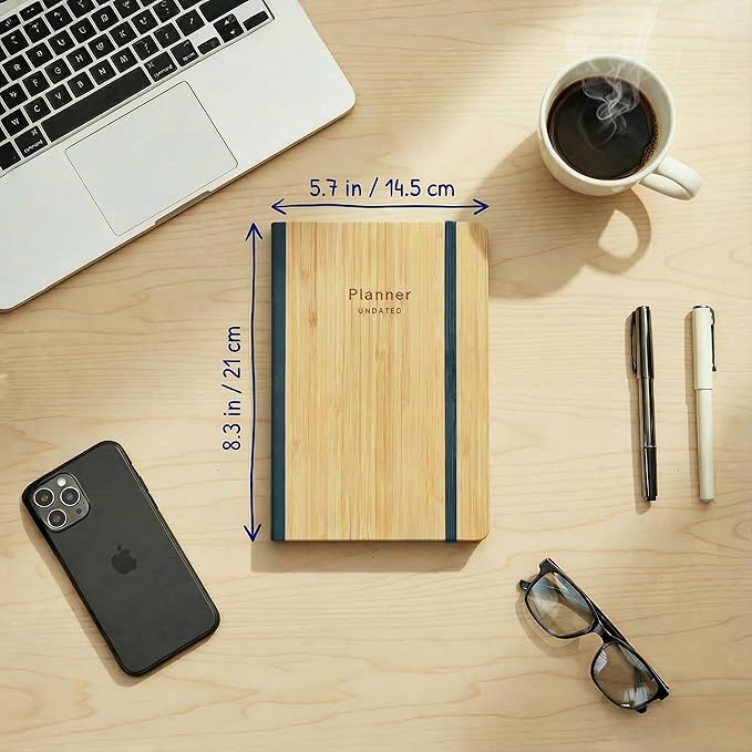 AuroPlanner Bamboo Cover Undated Portable Planner Notebook – Daily, Weekly & Monthly Organizer, Lay-Flat A5 (5.7” × 8.3”), 100 GSM Paper, 160 Pages, 4-Month Layout (Green)