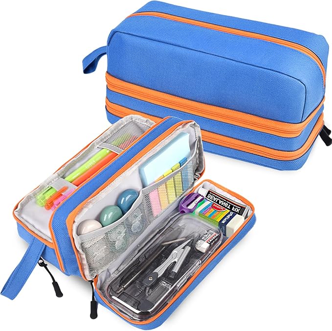Genteen Large Capacity Pencil Case,Multifunction Pencil Pouch,Pencil Bags with Zipper 3 Compartments Pencil case organizer for or School Teen Girl Boy Men Women（Blue）