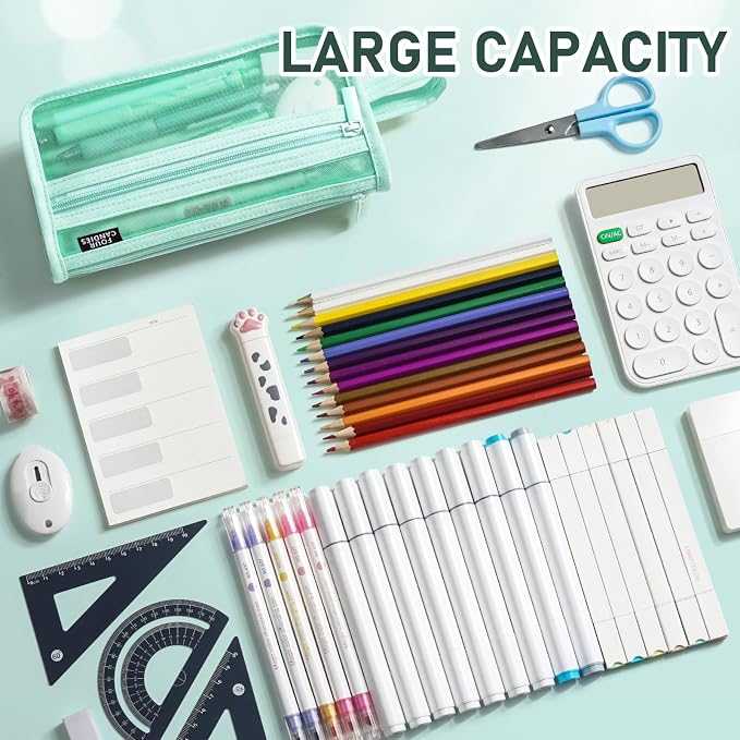 Four Candies Grid Mesh Pencil Case, Clear Double-layer with Handle (Green) | Smooth Zipper, Transparent Pencil Pouch, Cute Stationary, Makeup Bag, Travel Friendly, for Adult Office College