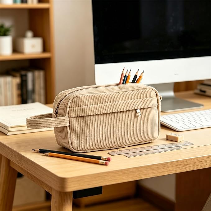 Corduroy Pencil Case, Large Capacity Stationery Organizer | Aesthetic Multifunctional Design That Doubles as a Cosmetic Makeup Pouch or Travel Storage Bag