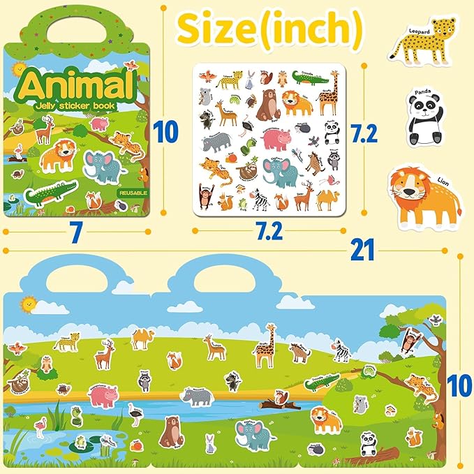 3 Sets Reusable Sticker Book for Toddlers 3-6, Jelly Sticker Books for Toddler, Travel Sticker Activity Toys for Kids 3 4 5 6 Years Old Girls & Boys（Farm + Vehicles + Animal）