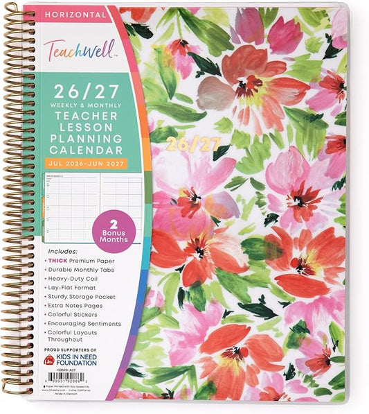Blue Sky Teachwell 2026-2027 Weekly and Monthly Academic Year Teacher Lesson Planner Calendar, July 2026 - June 2027, 8.5" x 11", Flexible Cover, Heavy Duty Coil Binding, Colorful Interior, Laminated Tabs, Storage Pocket, Includes Stickers, Meilani