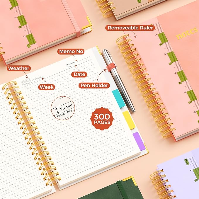 XYark A4 Hardcover Spiral Notebook, 8.5"x11" College Ruled Notebooks with Removable Dividers Tabs & Ruler, 5 Subject Notebook 300 Pages, Large Lined Journal for Women School Work Office, Light Pink
