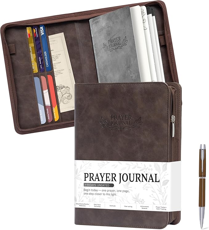 Ospelelf Daily Bible Prayer Journal for Men, Zippered Leather Scripture Study Notebook Religious Planner for Reflection & Gratitude, Ideal Gift for Jesus Faith Believers, Undated 3 Months, Brown