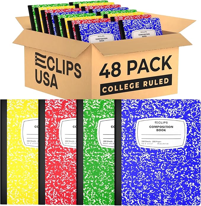 E-CLIPS USA Composition Notebook College Ruled Marble Composition Notebooks Bulk College Ruled Notebooks for Work 9.75" x 7.5" 100 sheets 200 Pages (48 Pack Assorted colors)