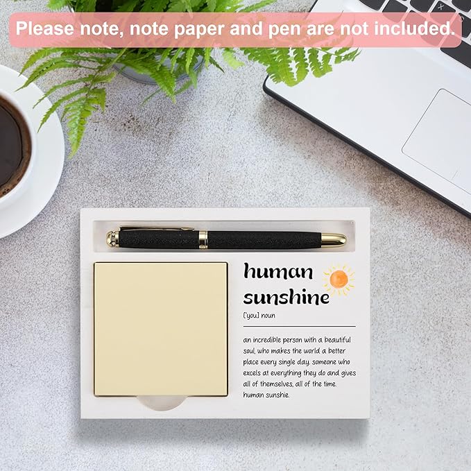 Human Sunshine Funny Desk Note Holder for Women Men, Inspirational Gift for Coworkers Friends Teachers, White Wood Sticky Note Tray Office Organizer for Appreciation and Positivity - FTB315