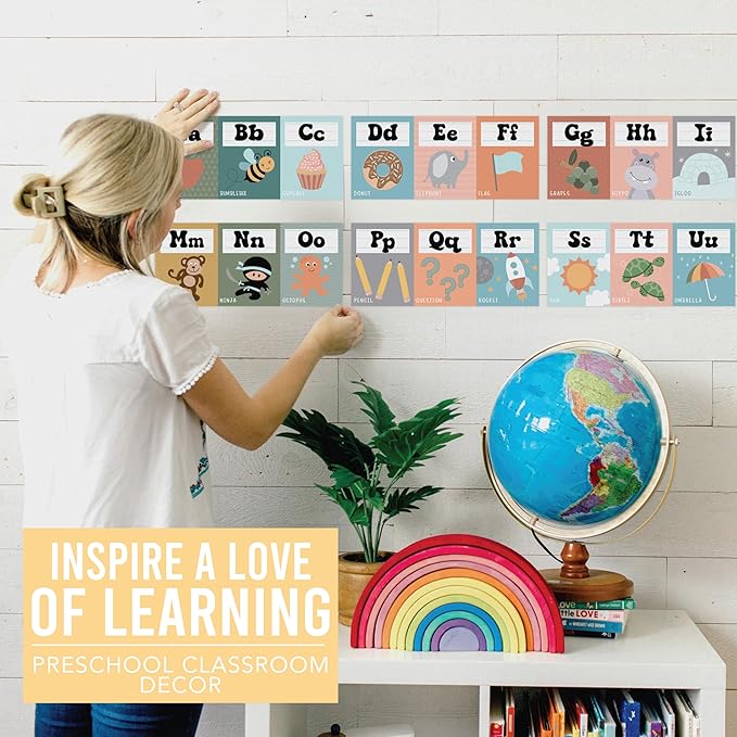 Hadley Designs Alphabet for Classroom Wall Decor - ABC Posters for Classroom Wall Chart Preschool & Kindergarten, ABC Letters & Number Line Elementary, Alphabet Cards, Retro Classroom Decor