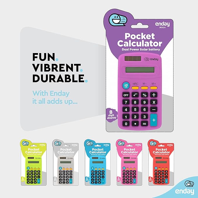 Calculator Purple, Basic Small Solar and Battery Operated, Large Display Four Function, Auto Powered Handheld Calculator School and Kids Available in Green, Red, Blue, Grey, Pink, 1 PK – by Enday