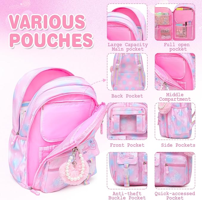 Alrisg Girls Backpack for Kids Elementary Middle School Cute Student Bookbag School Bag Pink Set