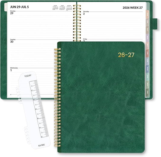 SUNEE 2026-2027 Weekly & Monthly Planner 9"x11.2" - 12 Month (July 2026 - June 2027), Vegan Leather Cover Planner Academic Year Calendar, Pocket, Notes, Monthly Tab, Deep Green