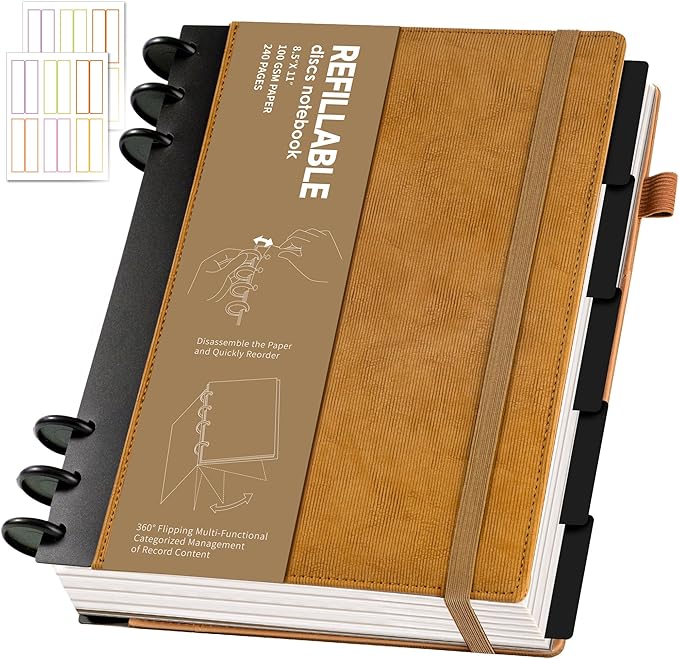 Yoment Refillable Notebooks for Work Discbound: Hardcover Notebook with 5 Subject Removable Dividers Tabs Colleged Ruled Large Journal for Writing Women Men 240 Pages,Brown