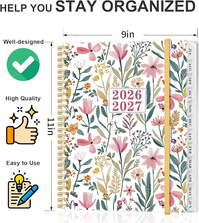 Planner 2026-2027 - Academic Planner from July 2026 to June 2027, Weekly & Monthly Planners Spiral Bound with 12-Month Tabs, Inner Pocket, 8.5" x 11", Leaf Flower