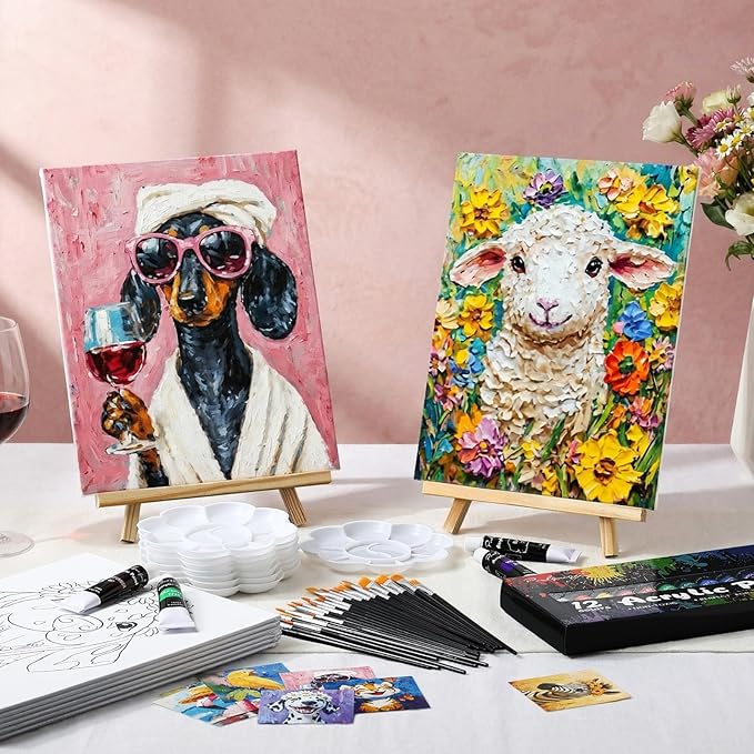 Cholemy 36 Pcs Paint and Sip Kit for Adults 8''x10'' Pre Drawn Canvas for Painting DIY Afro Acrylic Painting Kit Wood Easel Brushes Date Night Bulk for Father's Day Party Gifts(Flower Animals A)