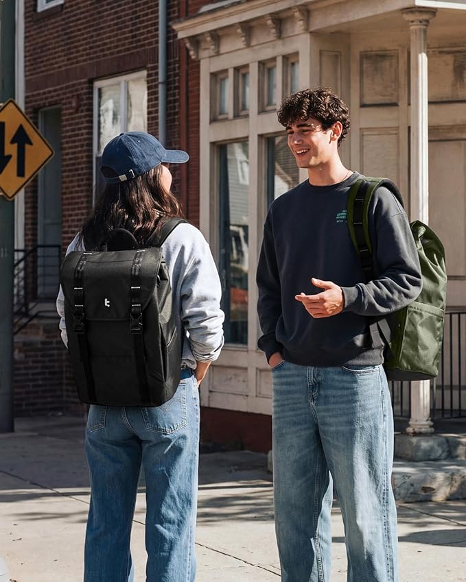 tomtoc Flap Laptop Backpack, Lightweight, Water-Resistant Casual Daypack, Durable Work-pack, Vintage Classic Rucksack for 13-16 Inch Laptop, perfect for Campus, Street, 22L