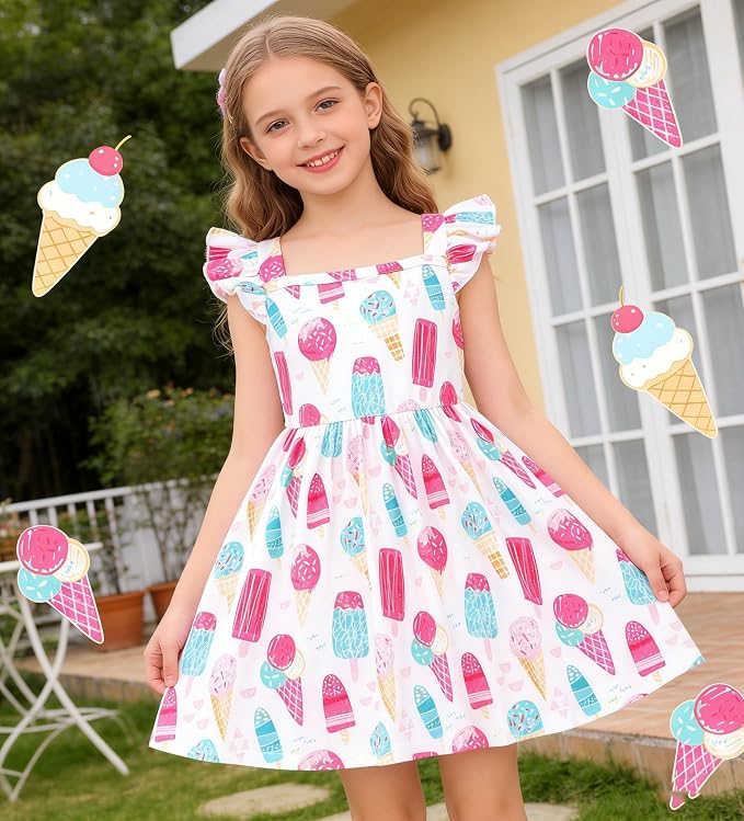 Popshion Girls Dresses Flutter Sleeve Swing Sundress Toddler Summer Clothes Kid Birthday Party Sleeveless Dress 1-8 Years Old