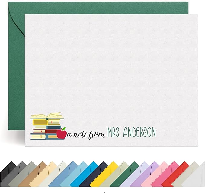 Personalized Stationery Teacher Note Cards with Envelopes – Custom Minimalist Thank You Cards, 12 Flat Note Cards & Colored Envelopes – Crush-Resistant Gift Packaging (Books with Apple)