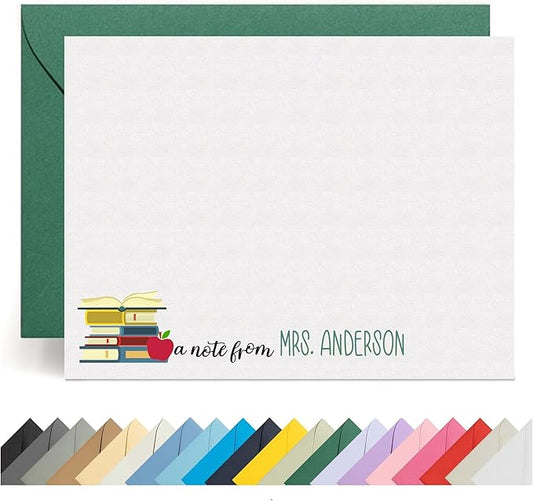 Personalized Stationery Teacher Note Cards with Envelopes – Custom Minimalist Thank You Cards, 12 Flat Note Cards & Colored Envelopes – Crush-Resistant Gift Packaging (Books with Apple)