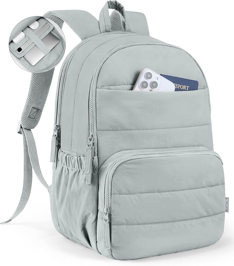 Uselike Travel Backpack for Women, 15.6 Inch Laptop Backpack, Quilted College Bookbag, Cute Work Backpacks, Water Resistant (Dawn Grey)