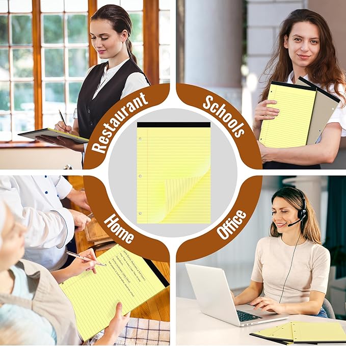 HAUTOCO 8.5 x 11 Legal Pads 2 Pack Yellow Wide Ruled Lined Writing Note Pads Perforated Notepad, 30 Sheets Per Notepad, 3-Hole Punched Paper for School, Office