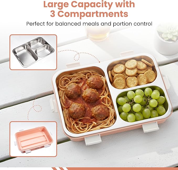 Bento Lunch Box for Kids Age 8+, Teens, Adults - 1000ml Stainless Steel School Lunchbox, 3 Compartments, Non-Microwavable, Compact BPA-Free Food Container for School Lunches, Snacks, Travel - Pink