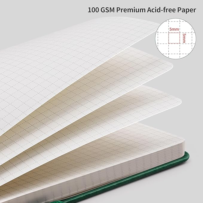 RETTACY Graph Grid Paper Notebook, 96 Pages, B5 Medium Size (7.6'' x 10''), 5 Squares per Inch, Leather Hardcover, 100 GSM Thick Paper, for School, Students, Math, Engineering (Dark Green)