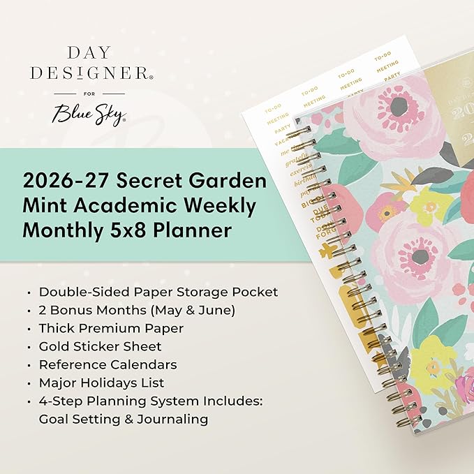 Blue Sky Day Designer 2026-2027 Weekly and Monthly Academic Year Planner Calendar, July 2026 - June 2027, 5" x 8", Flexible Cover, Laminated Tabs, Storage Pocket, Includes Stickers, Secret Garden Mint