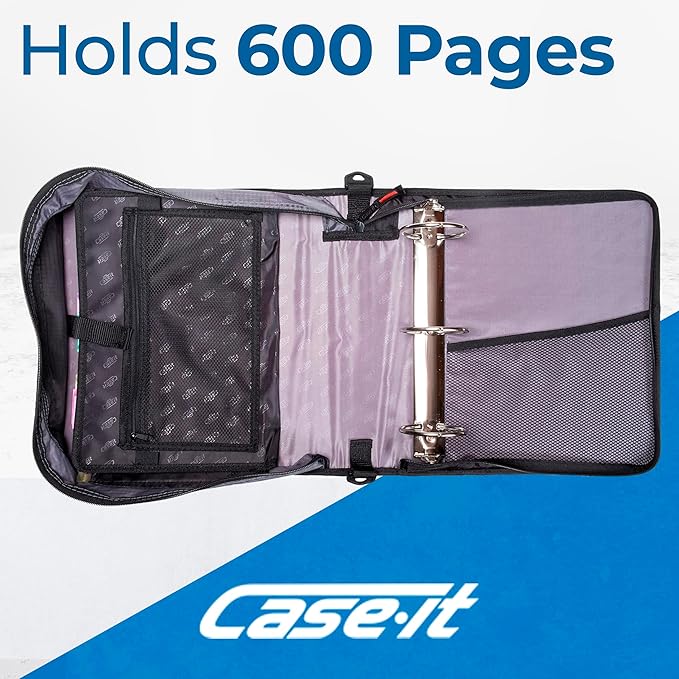 Case-it The Mighty Zip Tab Zipper Binder - 3 Inch O-Rings - 5 Color Tab Expanding File Folder - Multiple Pockets - 600 Sheet Capacity - Comes with Shoulder Strap - Jet Black D-156-N