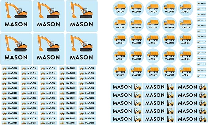 Andaz Press Custom Personalized Waterproof School Name Labels, Construction, 120-Pack, Kids Labels Combo Pack, Customizable Multi-Use Name Stickers for Preschool, Daycare, Supplies, Office, Camping