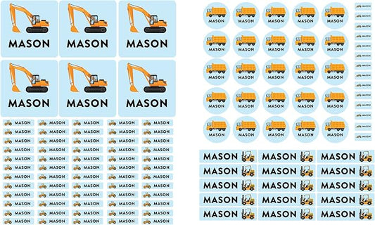 Andaz Press Custom Personalized Waterproof School Name Labels, Construction, 120-Pack, Kids Labels Combo Pack, Customizable Multi-Use Name Stickers for Preschool, Daycare, Supplies, Office, Camping