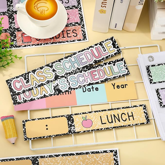 JarThenaAMCS Pastel Composition Daily Schedule Pocket Chart 13 x 35.5 in Back to School 13 + 1 Pocket Visual Schedule Chart Board with 24 Card for Classroom Home Office Supplies