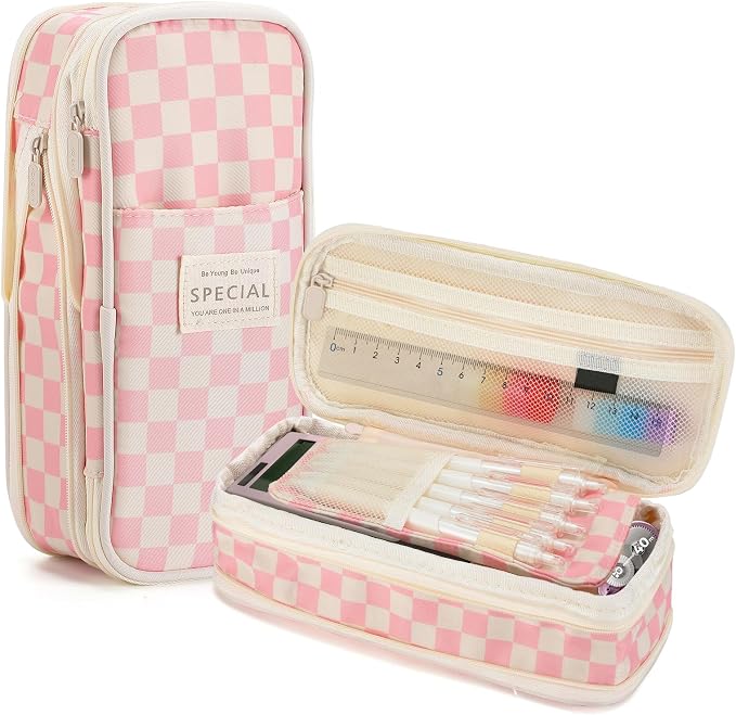 Bigmeta Gingham Expandable Pencil Case for Teens Girls - Pink | Zipper Gusset for Adjustable Capacity, Checkered Cute Pencil Pouch, Stationery Bag Box for Student Back to School Gifts