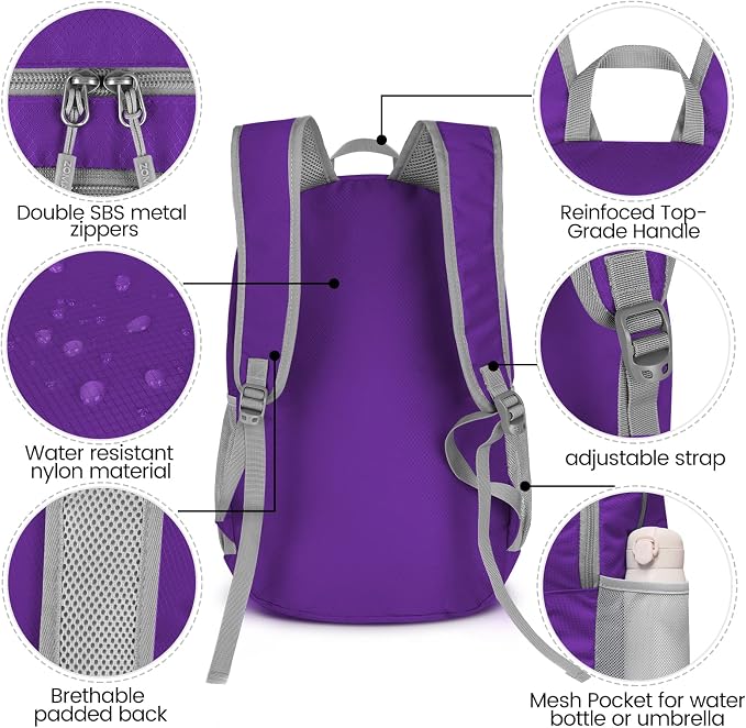 ZOMAKE Lightweight Packable Backpack, Water Resistant Foldable Daypack 28L | Light Hiking Backpacks Collapsible Day Pack for Travel, Everyday Carry, Multi Compartment Storage, Adjustable Strap (Purple)