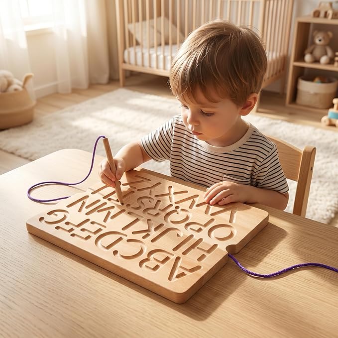 Number & Letter Tracing Board, Portable Wooden Alphabet Learning Sensory Pad Board Montessori Toys for Kids Age 3-5, Double Sided Writing Tools for Beginner Preschool Classroom 3+ Years Old