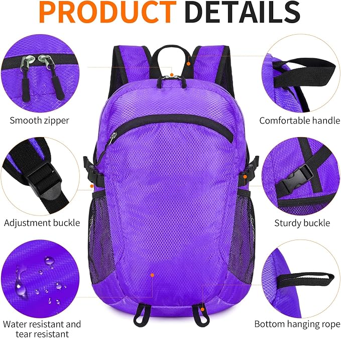 Small Hiking Backpack 15L Travel Lightweight Hiking Packable Daypack Water-Resistant Foldable Backpacks for Women Men Camping (Purple)