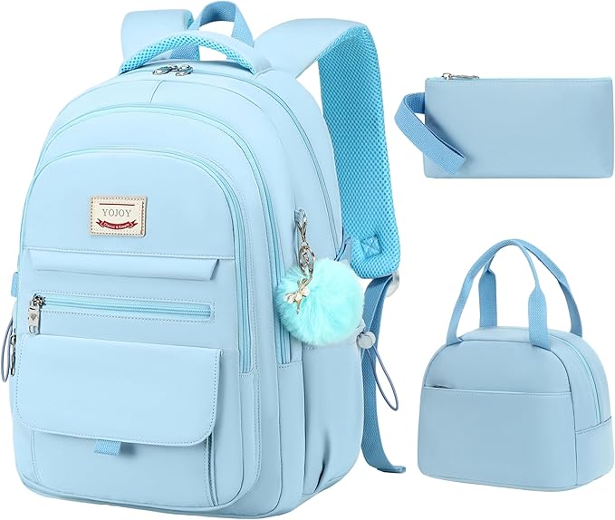 School Bag for Teens Girls,Girls Backpack,3 PCS Backpack for Girl, 15.6 Inch Laptop with Lunch Box Pencil Pouch Set (Blue)