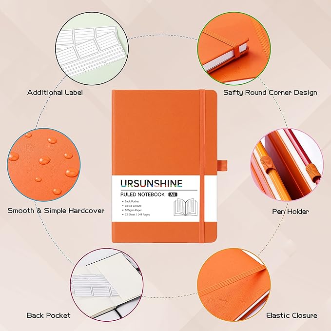 URSUNSHINE Ruled Notebook/Journal - Classic Lined Journal/Notebook, Hardcover with Thick Paper, 5.7" x 8.4", Banded + Pen Holder +Inner Pocket - Orange