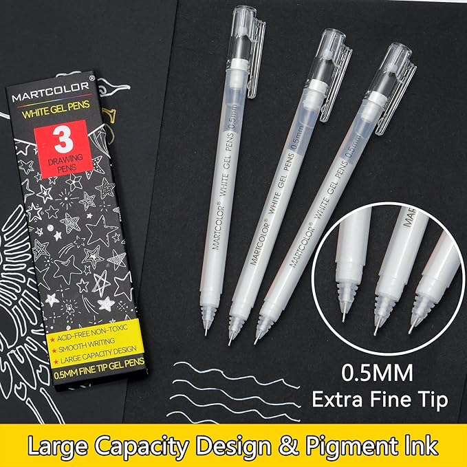 MARTCOLOR White Gel Pens, 0.5mm Extra Fine Point Opaque Archival Ink Pen for Black Paper Drawing, Art Highlight, Illustration, Bullet Journaling, Card Making & DIY Projects, 3 Pack