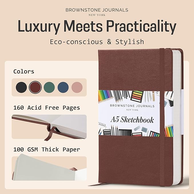BROWNSTONE JOURNALS A5 Sketch Book Hardcover - 80 Sheets 100 GSM Paper 5"x8", Lay Flat, Vegan Leather Cover, Elastic Band, Back Pocket, Art Drawing Book (Chestnut Brown)