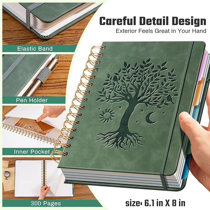 Ovesmusl Hardcover Spiral Notebook 6.1" x 8.4" with 5 Removable Dividers 300 Pages Leather 5 Subject Notebook College Ruled 100GSM Large Spiral Notebooks for Work Thick Lined Journal for Women, Green