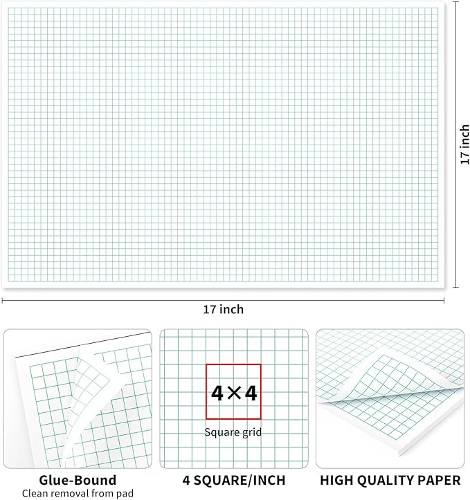 Engineering Graph Paper Pads, 11"x17 "Grid Paper, 4x4 Graph Ruled, 50 Sheets Landscape, Easy-Tear Glue-Bound, 11"x17" Cardboard Backing, for Drafting, Engineering, Architect Designers